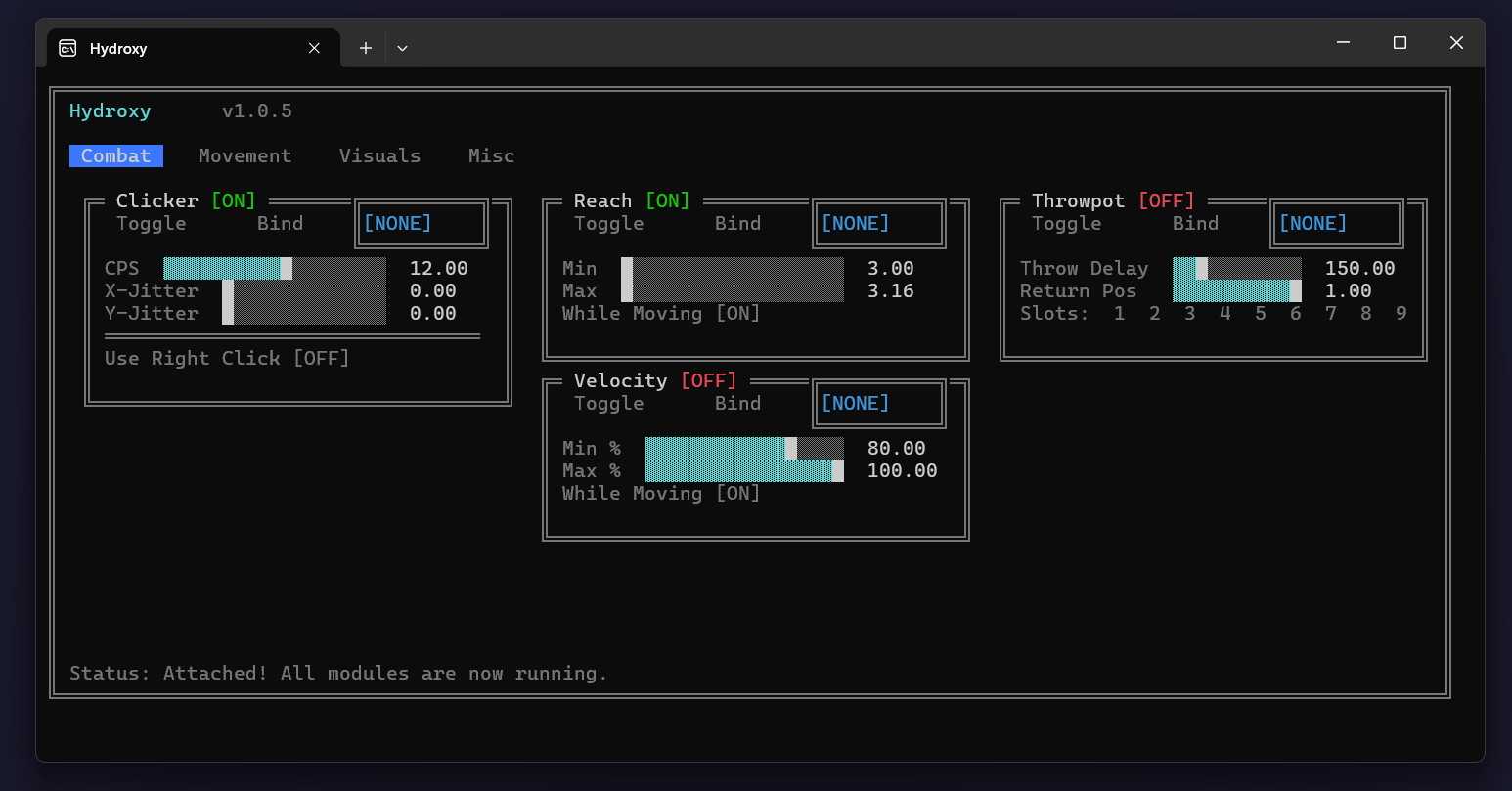 Screenshot of the main combat modules